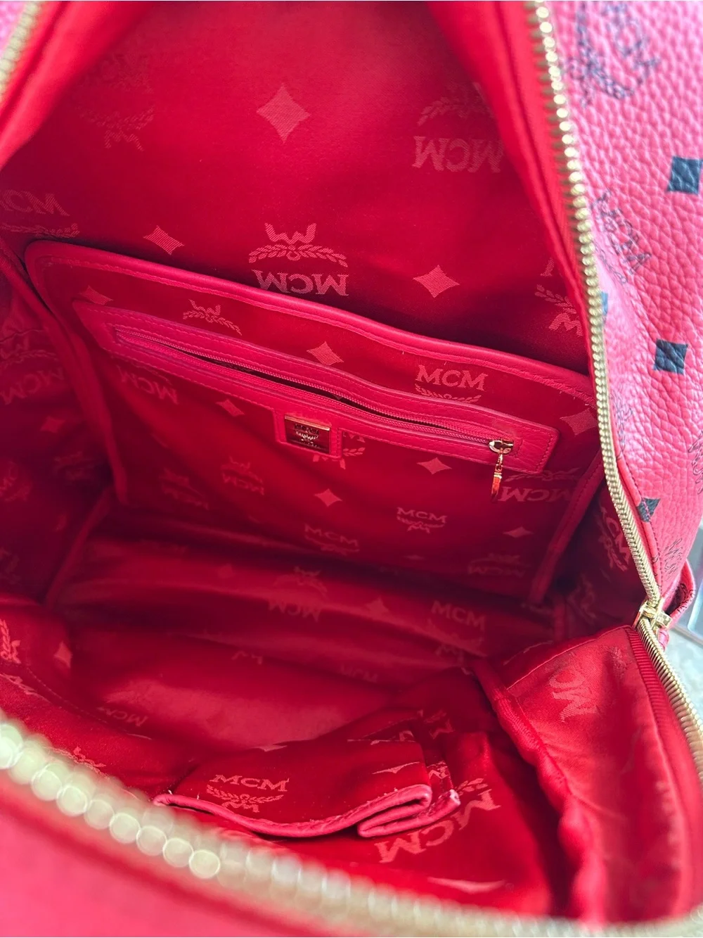 MCM Pink Visetos Studded Backpack